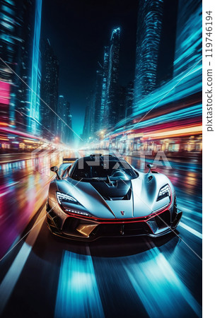 Conceptual sports car races very dynamically on a wide road in the city at night, speed rush Conceptual sports car races very dynamically on a wide road in the city at night, speed rush 119746194