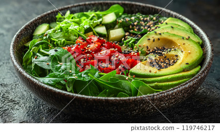A vibrant bowl filled with healthy ingredients like avocado slices, chickpeas, tomatoes, arugula, and seeds, creating a fresh and nutritious meal 119746217