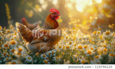 A free-range hen basking in the warm sunlight, surrounded by wildflowers in a serene rural setting. Ideal for promoting organic farming and sustainable living 119746220