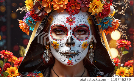 Woman in a scary costume on the day of the dead or dia de los muertos, which is celebrated in mexico in november 119746279