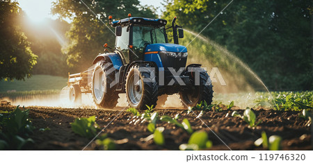 A tractor for tilling the field stands on an agricultural field during the growing season to work the soil and care for the crops A tractor for tilling the field stands on an agricultural field during the growing season to work the soil and care for the crops 119746320