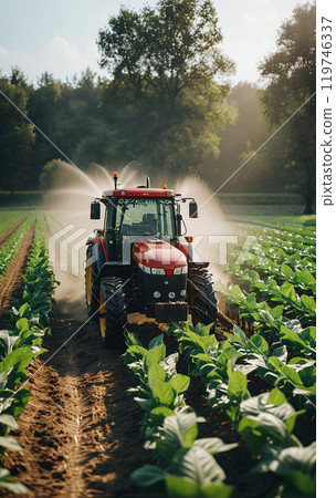 A tractor for tilling the field stands on an agricultural field during the growing season to work the soil and care for the crops 119746337