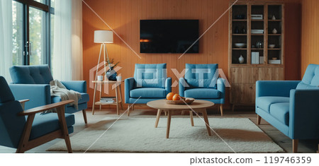 Modern furnished, colorful and cozy contemporary living room, living area with designer style sofa in daylight 119746359