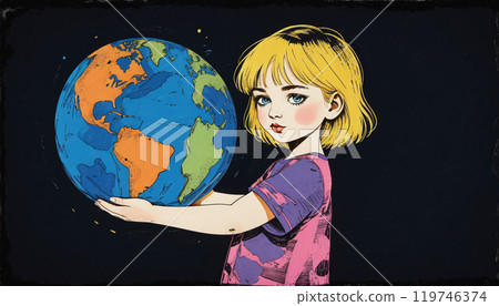 illustrative and conceptual representation of a happy child or adolescent holding the globe or planet earth, interest in the world and conservation, geography and different cultures - ai generated 119746374