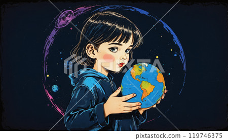 illustrative and conceptual representation of a happy child or adolescent holding the globe or planet earth, interest in the world and conservation, geography and different cultures - ai generated 119746375
