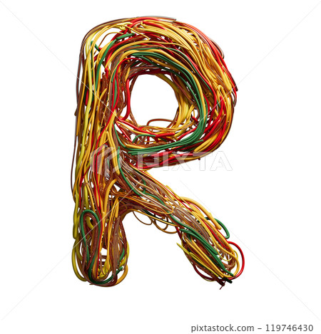 Vibrant Chaos: A Colorful Tangle of Wires Shaped Like an r 119746430