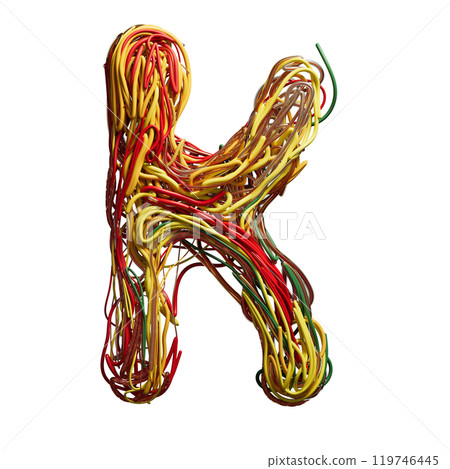 Vibrant Chaos: A Colorful Tangle of Wires Shaped Like an k 119746445