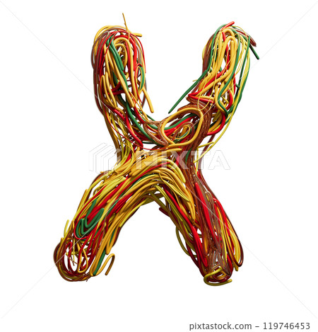 Vibrant Chaos: A Colorful Tangle of Wires Shaped Like an x 119746453