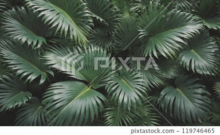 Close-up from above of green tropical palm leaves forming a closed canopy 119746465