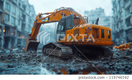 Rugged bulldozer on a muddy construction site, showcasing wear and tear against a gritty urban background 119746592