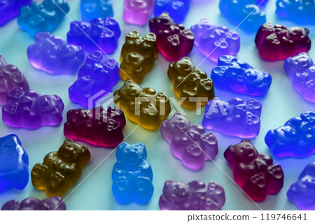 Colorful gummy candies, jelly bears sweets 119746641