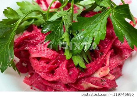 Tagliatelle pasta with hot pink sauce and parsley Tagliatelle pasta with hot pink sauce and parsley 119746690