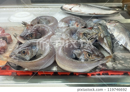 Raw fish in a store window, fresh seafood Raw fish in a store window, fresh seafood 119746692