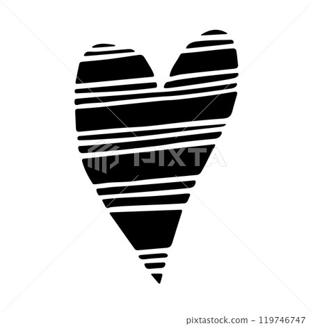 Geometric Heart Love Icon with Horizontal Hatched Lines of Different Widths. Hand-Drawn Abstract Doodle Love Icon. Black Solid Shape Isolated on a White Background. 119746747