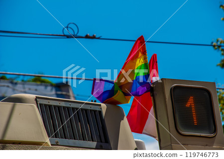 LGBT flag on tram route number 1 in Vienna. 119746773