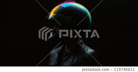 Conceptual depiction of a motorcyclist wearing a colored motorcycle helmet in a very dark and accentuated visual language - ai generated 119746812