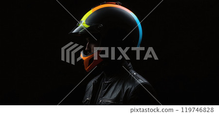 Conceptual depiction of a motorcyclist wearing a colored motorcycle helmet in a very dark and accentuated visual language - ai generated 119746828