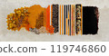 A collage of loose spices and colorful textures, dominated by orange tones 119746860