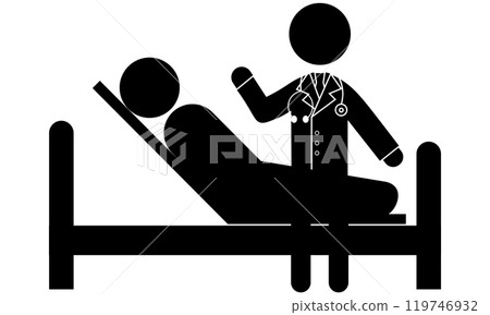 Pictogram of a doctor explaining something to a patient lying in bed Pictogram of a doctor explaining something to a patient lying in bed 119746932