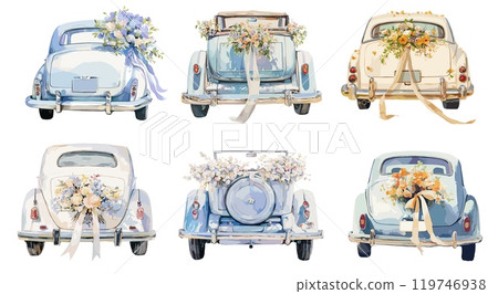 Watercolor wedding car set. Classic vintage automobile with flowers and ribbons, floral decoration on vehicle invitation vector illustration 119746938