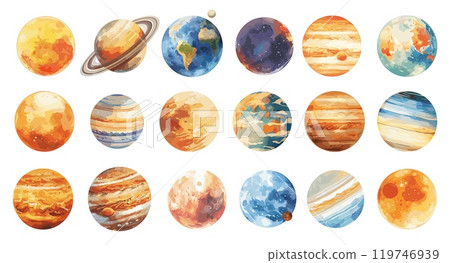 Watercolor solar system planets set. Mercury Venus Earth Mars Jupiter Saturn Uran Neptun, hand drawn space vector illustration 119746939