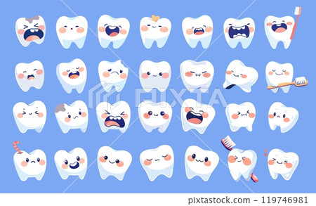 Cartoon tooth character set. Cute dental care mascot with brush, funny teeth expressions for dentist clinic vector illustration 119746981