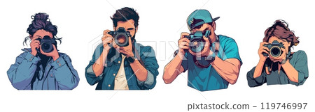 Cartoon photographer portrait set. Professional male and female photography artist holding camera taking photos vector illustration 119746997