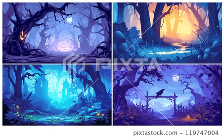 Cartoon magic forest landscape set. Fantasy night scary trees and moon background, mystery fairytale scene vector illustration 119747004