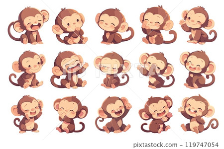 Cartoon baby monkeys set. Cute funny jungle animal character poses and emotions, decoration mascot for kids vector illustration 119747054