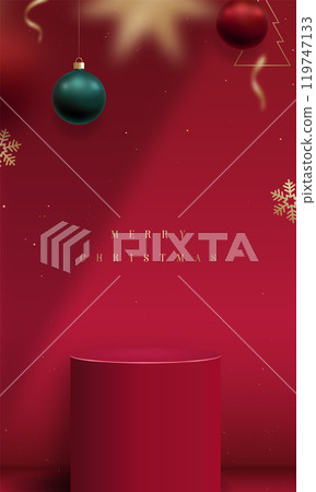 Festive red background with Christmas greeting and podium 119747133