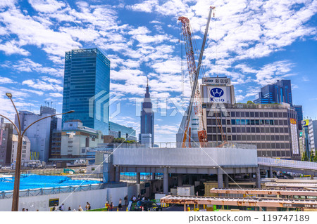 Tokyo cityscape in Japan, overlooking Shinjuku Station and the redevelopment of the west exit. On the right is KEIO Shinjuku Station and Keio Department Store (October 21st) 119747189