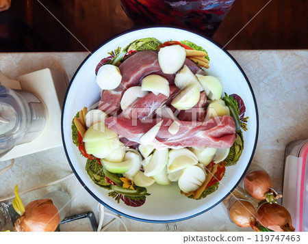 Red raw pork meat cut into pieces, onion cut into pieces and garlic cloves are prepared for minced meat in a meat grinder. 119747463