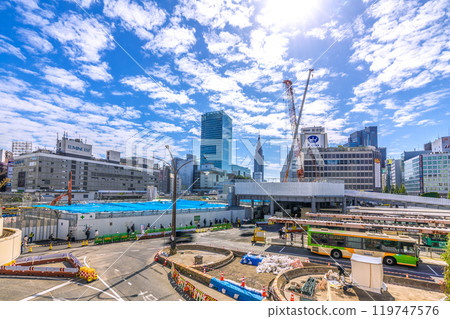 Tokyo cityscape in Japan, overlooking Shinjuku Station and the redevelopment of the west exit. On the right is KEIO Shinjuku Station and Keio Department Store (October 21st) 119747576