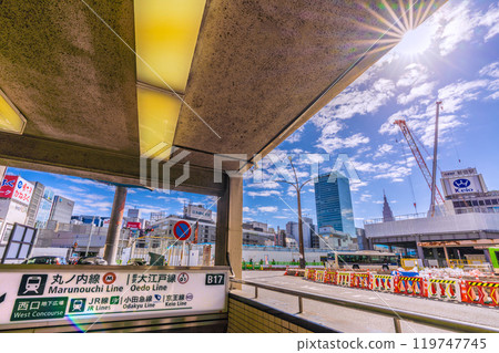 Tokyo cityscape in Japan. Redevelopment of the west exit of Shinjuku Station. In the foreground is Exit B17... = October 21st 119747745