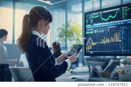 Young businesswoman looking at chart screen in office 119747911