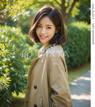 秋天,穿著風衣的漂亮女人沿著綠樹成蔭的街道走 秋天,穿著風衣的漂亮女人沿著綠樹成蔭的街道走 119747943