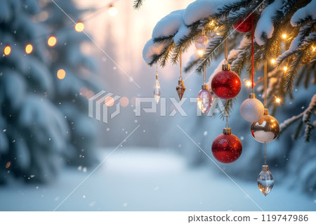Snow-covered Christmas tree adorned with ornaments and lights in a winter forest during twilight 119747986