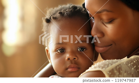 A mother embraces her young child with love in a sunlit room, highlighting their bond and a moment of tranquility 119747987