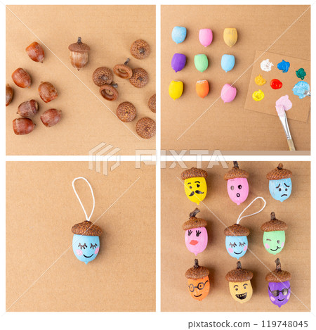 Step by step DIY, Colorful acorns with painted faces arranged with paint supplies on brown background. Creative autumn crafting concept for DIY projects, posters, greeting cards, and seasonal decor 119748045