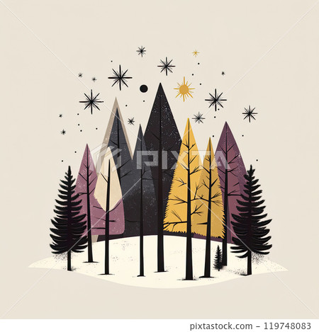 Scandinavian folk art design featuring a starry night landscape 119748083