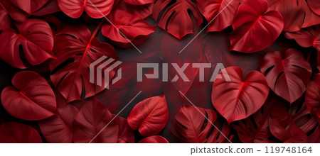 Dark red tropical leaves texture background with copy space, flat lay 119748164