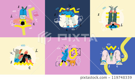 Creative workspace, modern flat vector concept illustration of a person working with a computer Remote work, flexibility, independence, efficiency, mobility, synergy, freedom 119748339