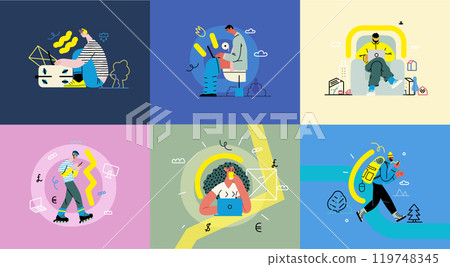 Creative workspace, modern flat vector concept illustration of a person working with a computer Remote work, flexibility, independence, efficiency, mobility, synergy, freedom 119748345
