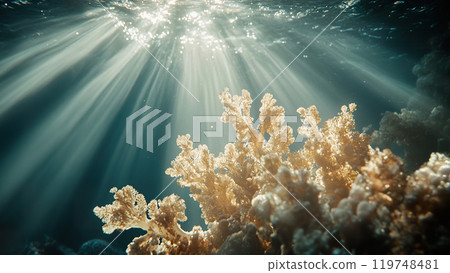 Warm sun rays penetrate the ocean, illuminating a vibrant coral reef below Warm sun rays penetrate the ocean, illuminating a vibrant coral reef below 119748481
