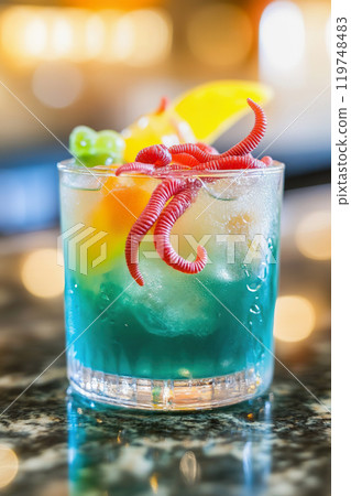 A colorful cocktail featuring blue vodka, garnished with fruits and whimsical candy elements 119748483
