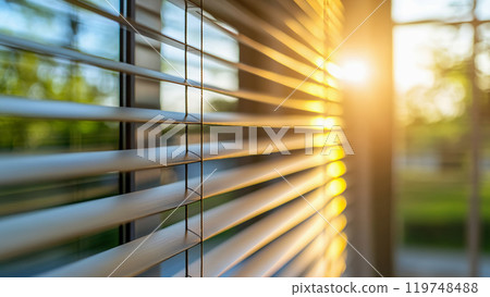 Sunlight Streaming Through Window Blinds in Serene Morning Scene. Sunlight Streaming Through Window Blinds in Serene Morning Scene. 119748488