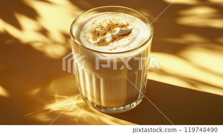 A creamy latte topped with spices presented against solid color background. 119748490