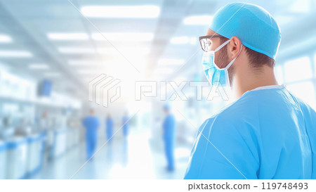 Surgeon in Modern Hospital, side view from behind. Abstract background with copy space. Surgeon in Modern Hospital, side view from behind. Abstract background with copy space. 119748493