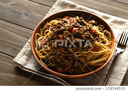Dry curry pasta 119748553