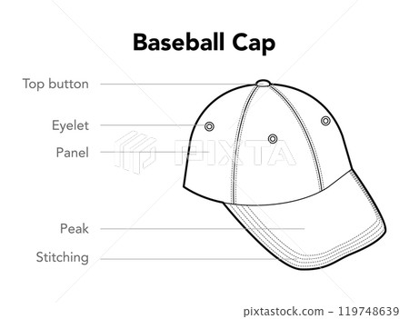 Baseball Cap diagram with name text Hat. Summer Head Fashion accessory clothing technical illustration. Vector  119748639